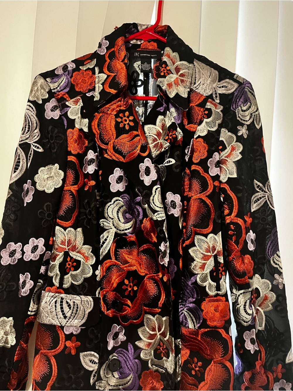 Women's Black Floral Embroidered Coat - Vibrant Orange & Purple